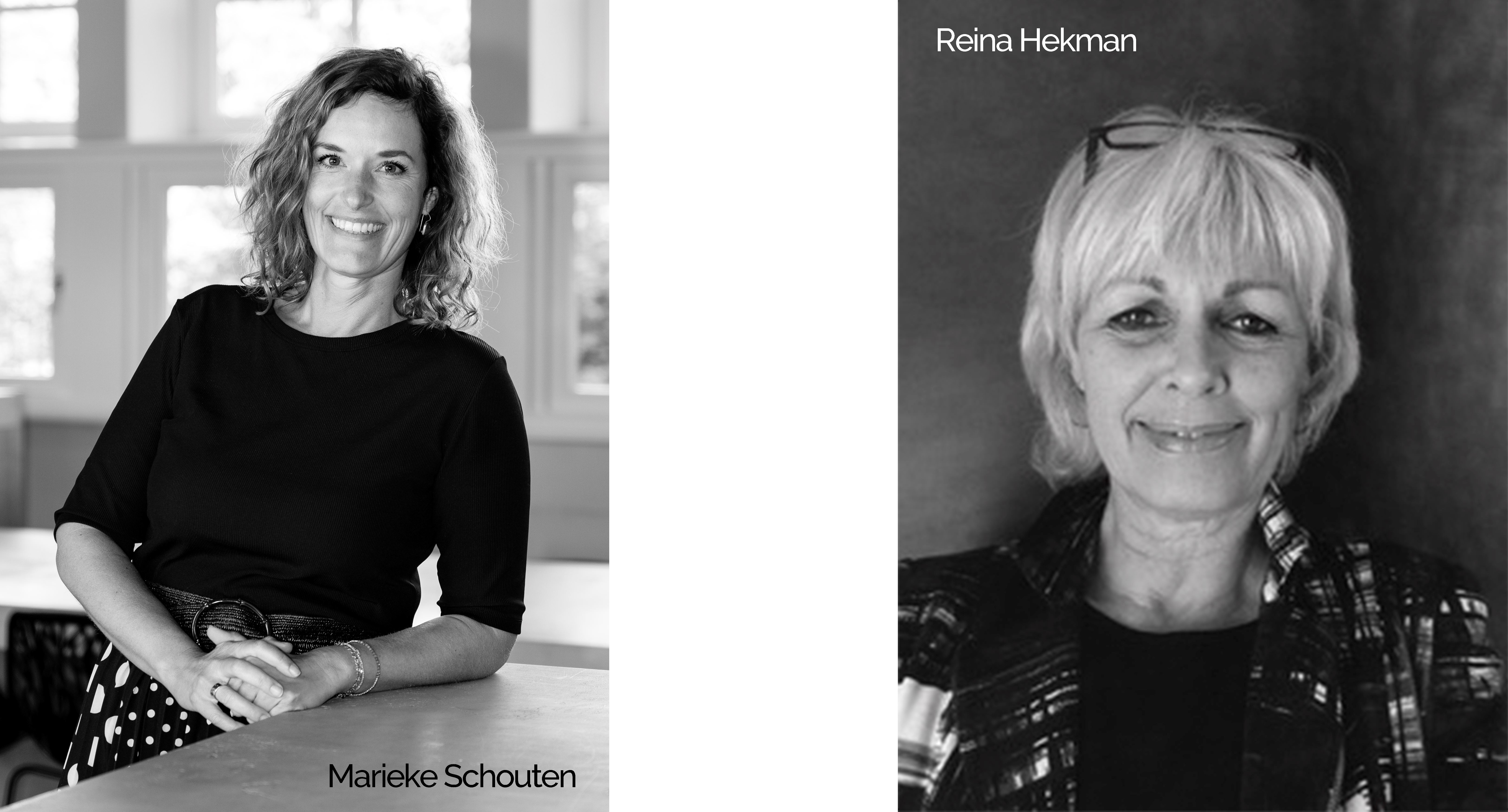 Een foto van Marieke Schoute en Reina Hekman naast elkaar, de foto's zijn in zwart-wit.