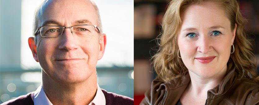 Een foto van een kale man met een bril en een foto van een blonde vrouw met blauwe ogen en rode lippen naast elkaar geplakt