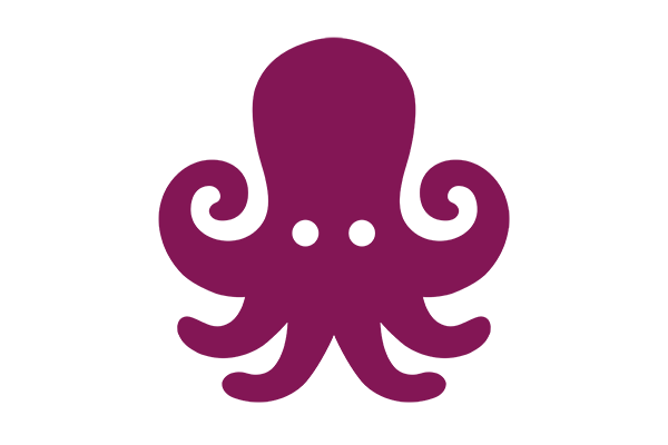 Een geanimeerde paarse octopus die zijn spierballen laat zien.